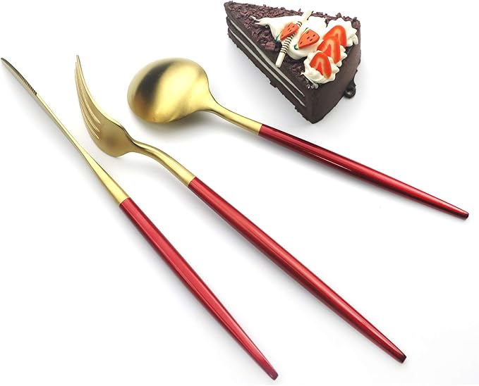 Red Gold Flatware, Royal 20 Pieces Matte White Handle 18/10 Stainless Steel Tableware Sets for 4 Including Forks Spoons Knives, Camping Silverware Travel Utensils Set Cutlery (Red Gold)