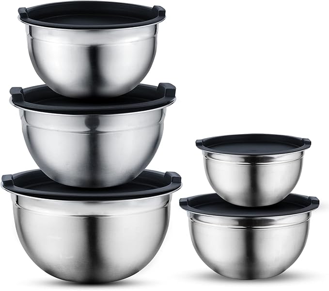 Vinod Cookware Heavy Duty Flat Bottom Stainless Steel Mixing Bowls with Lids, Measuring Cups, Measuring Spoons, Spatula & Stainless Whisk - Bowls for Meal Prep, Cooking, Mixing & Serving - Set of 5