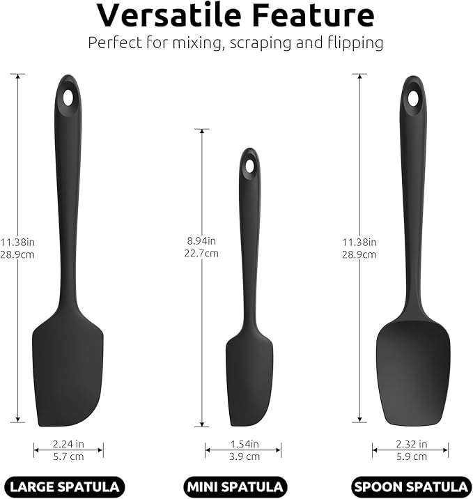 U-Taste 600ºF Heat Resistant Food Grade Silicone Spatula Set of 3, and 18/8 Stainless Steel Square Measuring Spoons Set of 8 (Black+Silver)