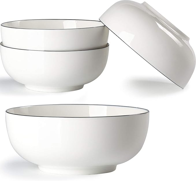 Hesen 40 Ounce Large Soup Bowls, Large Cereal Bowls, Large Pho Bowls, Durable Porcelain Rimmed Off-White Bowls Set of 4, 7 Inch