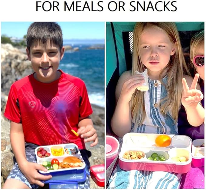 Bento Lunch-Box for Kids and Adults: Leakproof Lunch Boxes with 4 Compartments, Divided Containers for Boys Girls Women Men - School Work Portion Container, Utensils, Blue + Rose Pink Set
