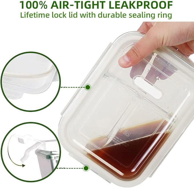 DAS TRUST [5-Pack,36 oz Glass Meal Prep Containers 3 Compartment with Lids, Glass Lunch Containers,Food Prep Lunch Box,Bento Box, Microwave, Oven, Freezer, Dishwasher (4.5 Cups, Clear)