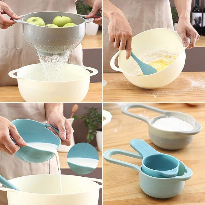 13 Pcs Mixing Bowls Set, RV Camping Accessories Set, Apartment Kitchen Gadget Easy Storage, Inculding Measuring Cups Colander Sifter Large Bowl Whisk Scraper, Great for Cooking and Baking, No BPA
