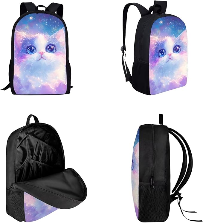 Dolyues Galaxy Cat Backpack Set for School 17-Inch School Backpack, Insulated Lunch Bag & Pencil Case - Adorable 3-Piece Combo for Elementary Students