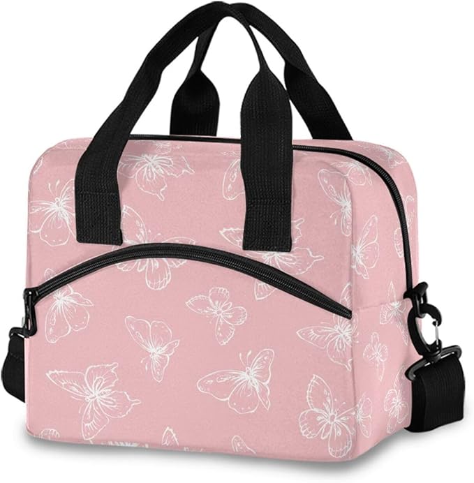 Pink Butterfly Lunch Bag for Man and Women Water-Resistant Fabric Lunch Box, Portable Insulated Meal Tote with Front Pocket