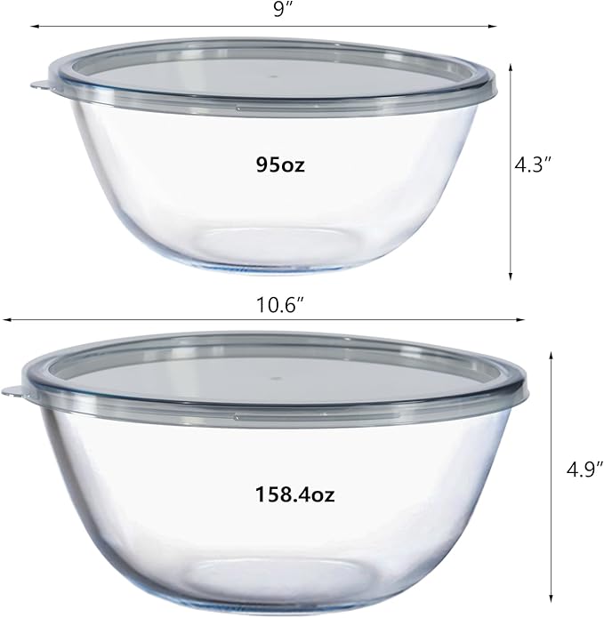 2-Pack Glass Mixing Bowls (2.85 QT, 4.76 QT) with BPA-Free Lids, Prepping and Baking Food Storage Set, Dishwasher, Microwave and Freezer Safe (2700+4500ML)