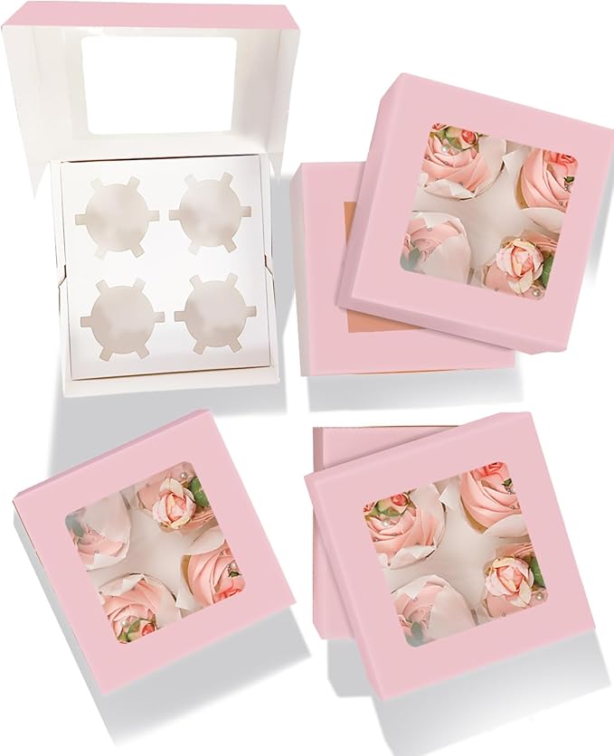 qiqee Auto-pop Up 4 Cupcake Boxes with Window Pink 30 Packs Cupcake Box 6.3"x6.3"x3" Bakery Boxes For Cupcakes Carrier, Cupcake Containers