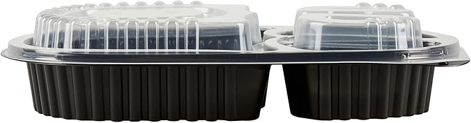 Restaurantware RW Base 19 Ounce Meal Prep Containers, 100 Microwavable To Go Containers With Lids - 3 Compartments, Disposable, Black Plastic Oval Food Containers, For Hot And Cold Food, Freezable
