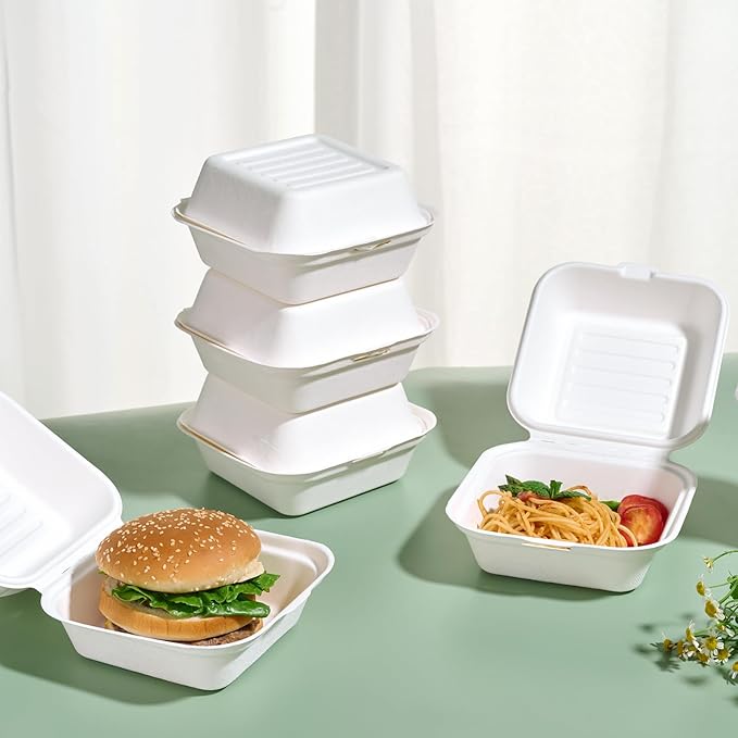 JOLLY CHEF Clamshell To Go Containers, 6" x 6" 200-Pack, Sugarcane To Go Boxes for Salad, Lunch