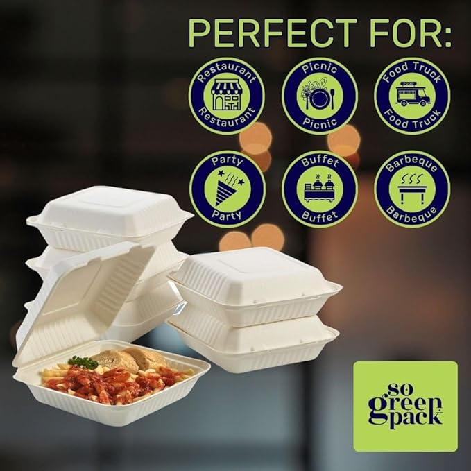 100 Packs Disposable 9x9 Clamshell Take-Out Container Compostable Biodegradable Bagasse & Eco-friendly To Go Container for Food