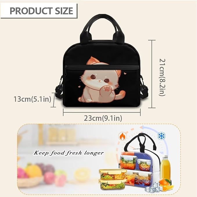 Showudesigns Cute Cat Lunch Bags for Girls 6-8 8-10 10-12 Black Lunch Box Kids Boys Insulated Lunch Bags Thermal Meal Tote Kit with Zipper Back To School Crossbody Tote Bag