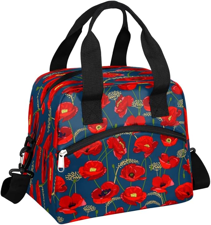 Insulated Lunch Bag for Women Men Poppies Pattern Leakproof Cooler Tote Bag Large Reusable Adult Lunch Box with Adjustable Shoulder Strap for Office Work Picnic Travel Beach