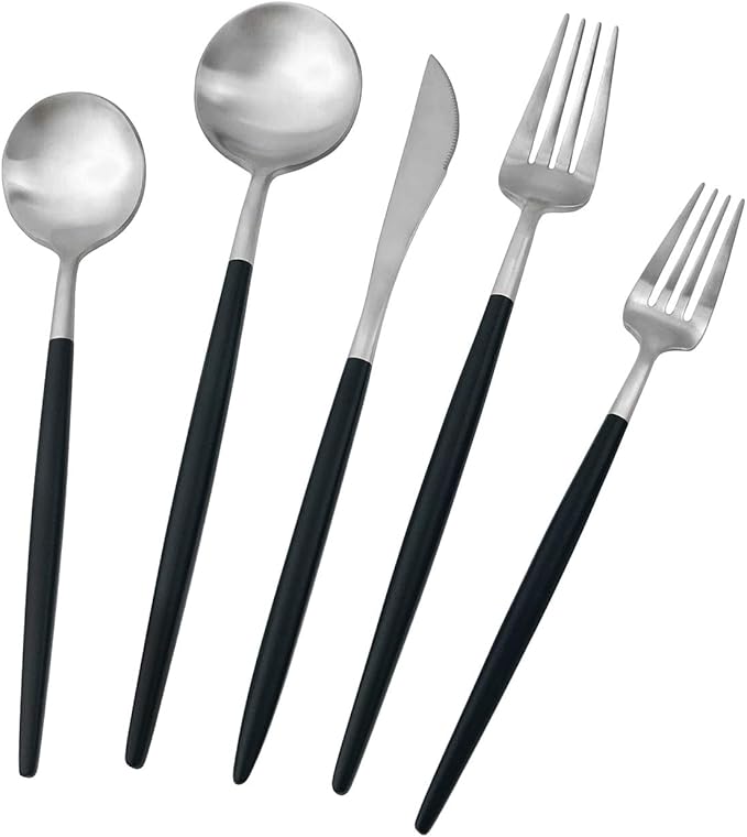Gugrida Black Silver Flatware, Royal 20 Piece Matte Black Handle 18/10 Stainless Steel Tableware Sets for 4 Including Forks Spoons Knives, Camping Silverware Travel Utensils Set Cutlery (Black Silver)