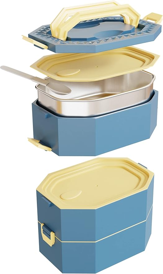 Stainless Steel Stackable Bento Box Adult Lunch Box with Cutlery - Hot/Cold - Separates Ideal Portion Sizes - Reusable Tin Inserts - Dishwasher Safe - Stackable Lunch Container for Adults with Spork
