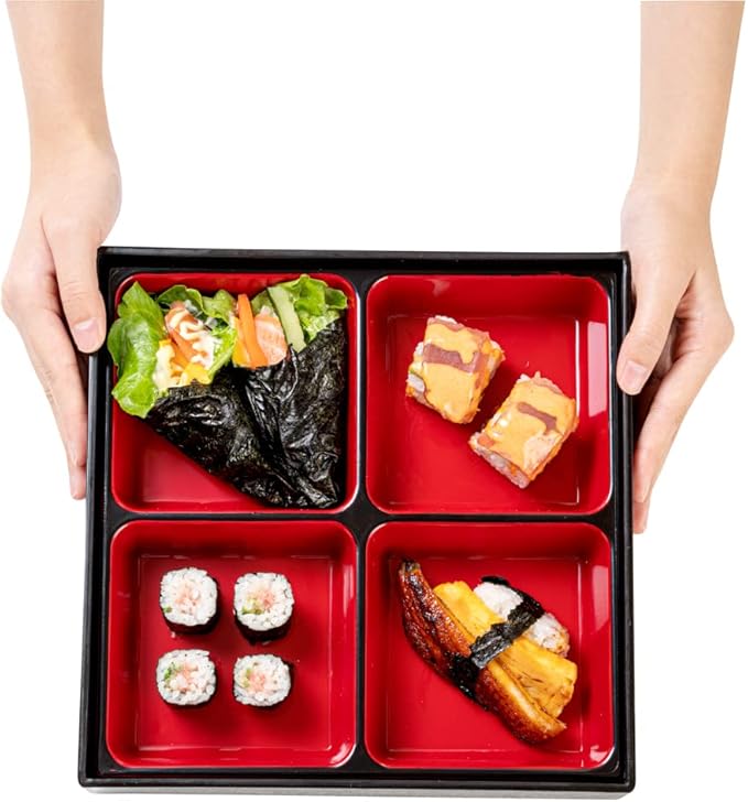 Restaurantware-10 x 2.4 Inch Compartment Lunch Container, 1 Japanese Style Adult Lunch Container - With 4 Compartments, Greaseproof, Black & Red Plastic Divided Lunch Box, For Hot & Cold Food