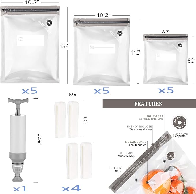 Sous Vide Bags 20pack Reusable Vacuum Food Storage Bags with 3 Sizes Vacuum Food Bags,1 Hand Pump,4 Sealing Clips for Food Storage and Sous Vide Cooking (Gray Kit)