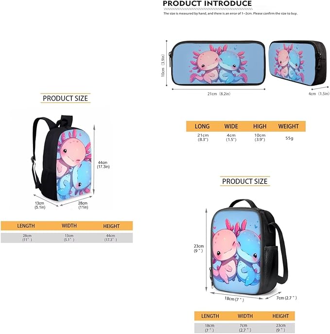 Dolyues Couple Axolotl 3-Piece Backpack Set for School - Includes Travel Backpack, Lunch Box & Pencil Case - Perfect for Middle School, Preschool & Kindergarten