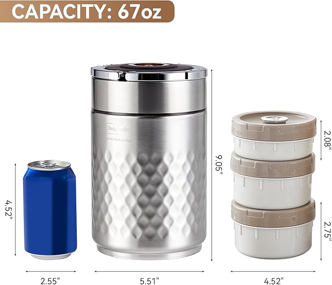 67 oz Adults Stainless Steel Vacuum Insulated Wide Mouth Soup Food Thermos Hot Food Jar with Keep Thermal Portable 3 Tier Stackable Bento Hot Food Containers Lunch Boxes (Silver)
