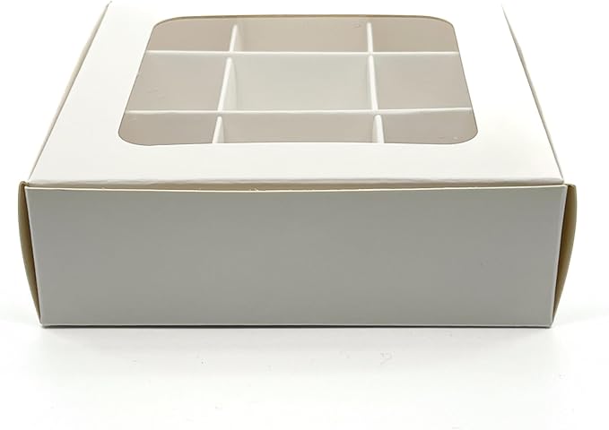 Treat boxes with window and dividers | 9 X-SMALL compartments | 5 x 5 x 1.57 in | Empty candy boxes for gift giving, truffle box - perfect for Valentine's Day | 10-pack (White)