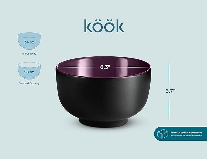 KooK Ramen Bowl, Japanese Bowls, Noodle Bowls, Large Soup Bowl, Ceramic, Large Capacity, For Ramen, Pho, Udon, Soba, Microwave and Dishwasher Safe, 34 oz, Set of 4 (Black/Plum)
