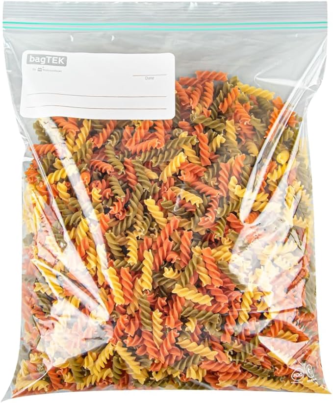 Restaurantware Bag Tek 2 Gallon Storage Zip Bags 25 Disposable Zipper Pouch Bags - Double Zipper Greaseproof Clear Plastic Zip Bags With Write-On-Label For Food Organization And Storage