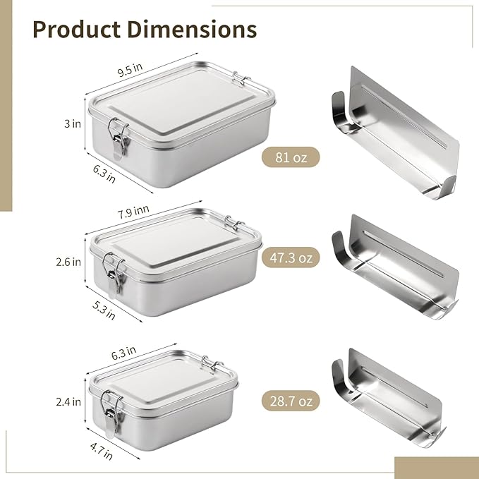 3 PCS Bento Boxes, Stainless Steel Lunch Boxes, Food Storage Containers, Lockable Clips to Leak Proof, Reusable Dishwasher Safe Lunch Snack Boxes(850 ml, 1400 ml, 2400 ml)