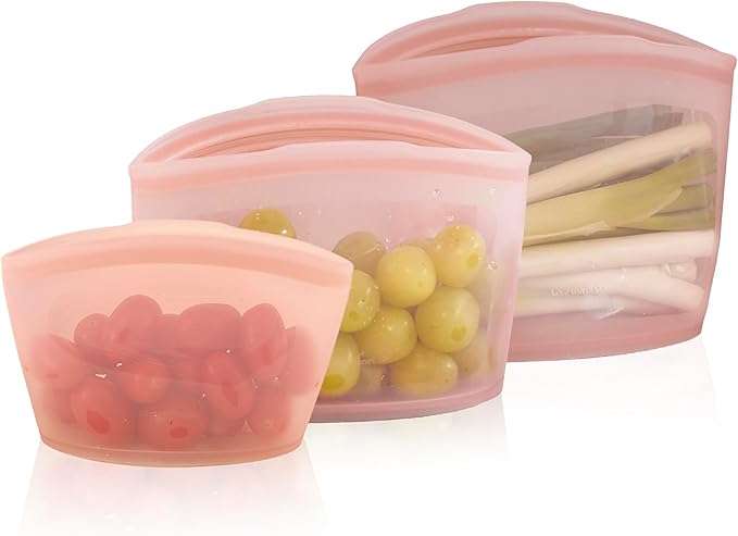 Platinum Silicone Food Grade Reusable Storage Bag, 3set Leak-Proof Airtight Seal, BPA-Free, Microwave, Freezer & Dishwasher Safe, Heat Resistant Sous Vide,Silicone Snack Bags, Dry Rose