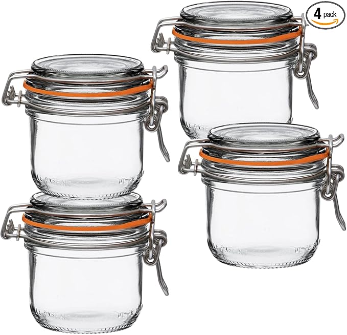 Le Parfait Super Terrine Jar | 7oz/Half Pint (Pack of 4) 200ml French Glass Jar, Airtight Rubber Seal & Glass Lid | Glass Jars for Kitchen Organization and Storage Containers for Essentials