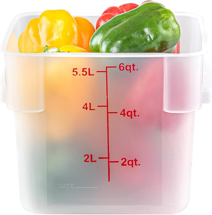 Restaurantware-Met Lux 6 Quart Food Storage Containers, 10 Translucent Storage Containers - Lids Sold Separately, Red Volume Markers, Dishwashable Containers, Side Handles, For Storing Foods