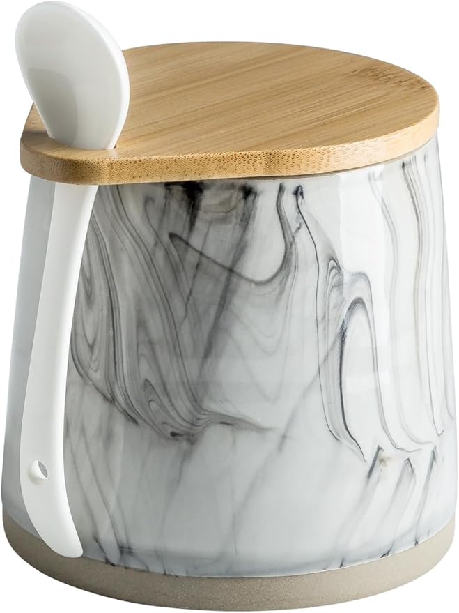 Sugar Jar Salt Container with Spoon, Condiment Spice Jars with Wooden Lids, Ceramic Sugar Bowls Canisters for Coffee Bar Station Kitchen Storage for Candy, Coffee Bean, Pepper - Marble Design