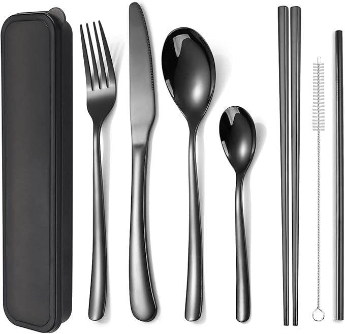 AARAINBOW 6 Pieces Stainless Steel Flatware Set Portable Reusable Cutlery Set Travel Utensils Set Including Chopsticks Knife Fork Spoon Straws Cleaning Brush Dishwasher Safe (7 Black)
