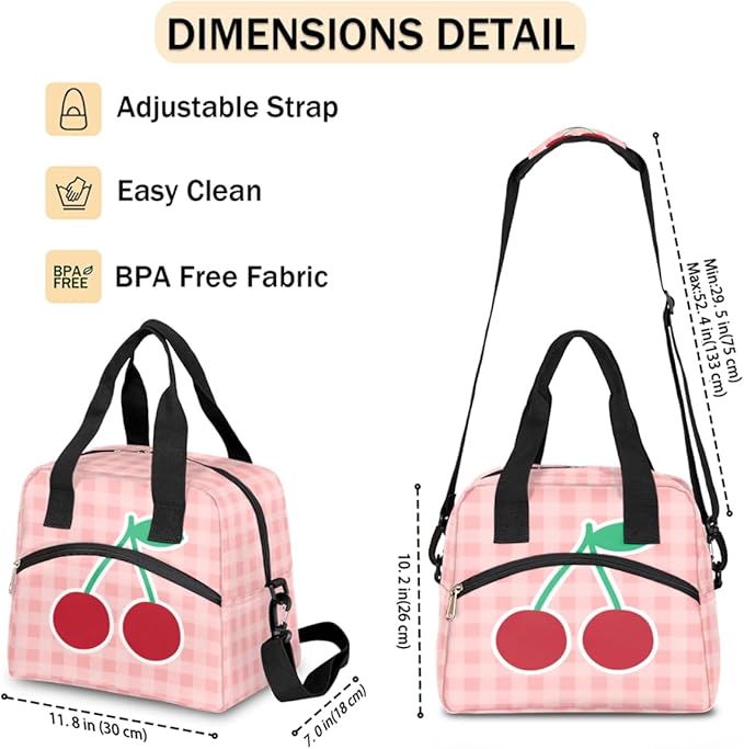 Pink Check Cherry Print Insulated Lunch Bag with Detachable Shoulder Strap & Carry Handle Reusable Eco-friendly Cooler Bag Tote Bag Picnic Box for Kids Men Women
