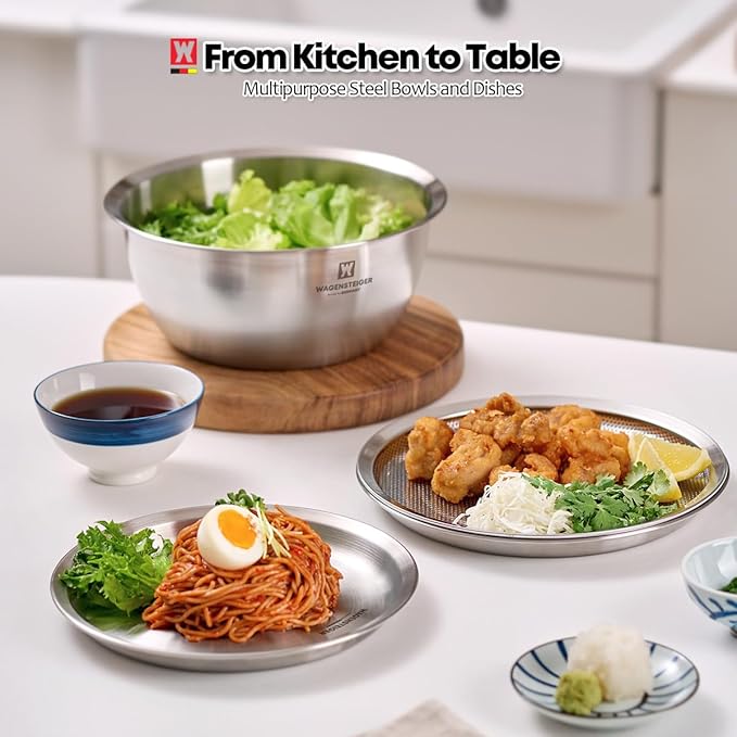 Stainless Steel Mixing Bowl Set (3-Piece) – Multifunctional Food Prep & Baking Tools with Strainer and Serving Tray, Oil Drain Tray, Nesting Storage, Easy Measurement Marks (8.66 Inch)