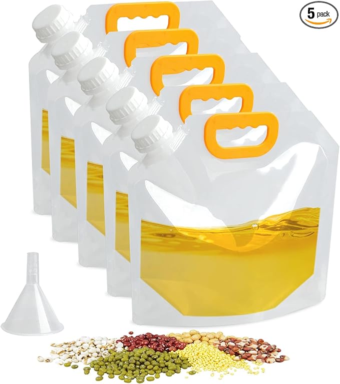 Saim Moisturize Proof Storage Bags, 5Pcs Reusable Plastic Bags Emergency Water Storage Large Capacity Clear Cereal Dry Food Containers Stand Up Grain Sealed Bag with Funnel (5L)