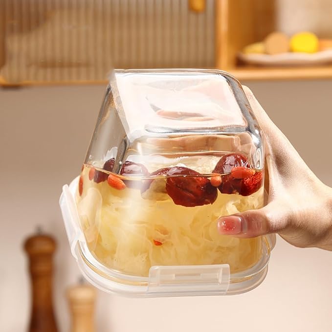 Square Glass Food Storage Containers, 4 Cup Glass Soup Container with Airtight Lids, Food Meal Prep Bowls, Storage Jars for Salad and Fruit, Oven、Microwave、Dishwasher Safe (4 Pack)