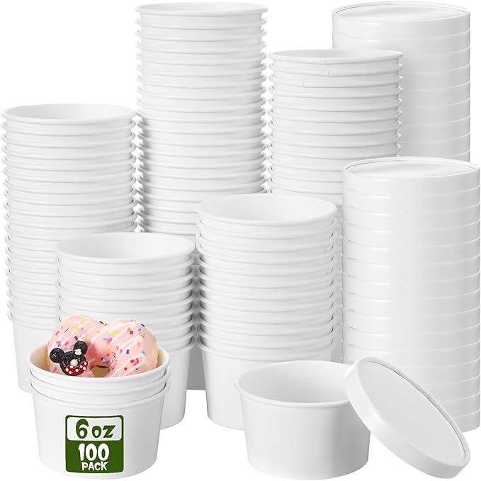 Fulmoon 100 Pack Paper Soup Containers with Lids Disposable Paper Food Containers with Vented Lids Kraft Ice Cream Bowls Soup Cup Ice Cream Cups for Restaurants(6 oz,White)