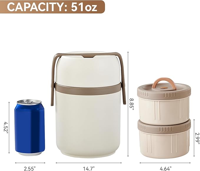 51 oz Adults Vacuum Insulated Wide Mouth Soup Food Thermos Hot Food Jar with Keep Thermal Portable 2 Tier Stackable Bento Hot Food Containers Lunch Boxes (White, 51)