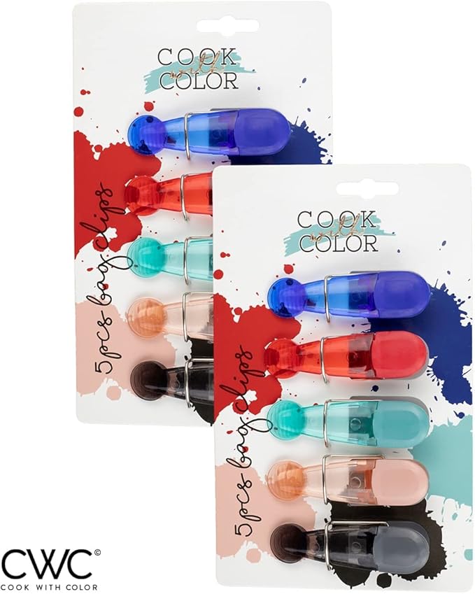 COOK WITH COLOR 10 Pack Slim Multi Color Food Clips with Magnet - Bag Clip with Non-Slip Ribbed End and Strong Spring Mechanism