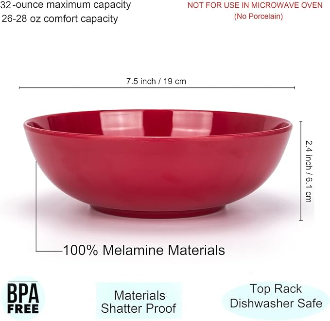 KOXIN-KARLU Melamine Bowls, 7.5-inch Pasta Bowls Salad Bowl, set of 6 in 6 Assorted Colors
