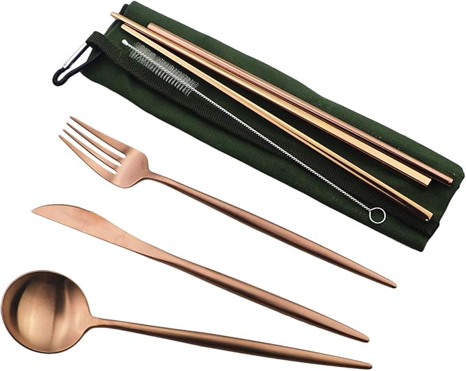 Reusable Travel Utensils, 7 Piece Portable 304 Stainless Steel including Knife Fork Spoon Chopsticks Cleaning Brush Straws Portable Pouch, Eco-friendly Camping Silverware Set, Dishwasher Safe