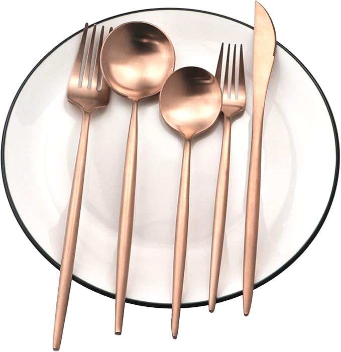 Copper Gold Flatware, Royal 20 Pieces Luxury Matte Finish 18/10 Stainless Steel Tableware Sets for 4 Including Forks Spoons Knives, Camping Silverware Travel Utensils Set Cutlery (Rose Gold)
