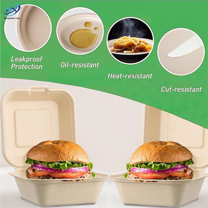 Dhaey HGX Food Storage Container, Biodegradable, Grease-Proof 6x6 Clamshell Small Togo Containers, Small Take Out Boxes 50pk. Disposable, Microwavable Take Out Container With Hinged Lid