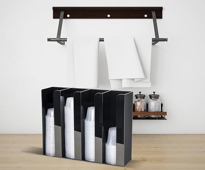 Portion Cup and Lid Holder - 4 Compartment Acrylic Organizer for Condiment & Sauce Cups, Fits Cups 2 oz to 5.5 oz in Size, Use Dispenser on Countertop or Wall Mount