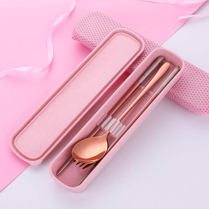 3 Piece Portable Flatware Set, Chopsticks, Fork and Spoon with Travel Case, Rose Gold
