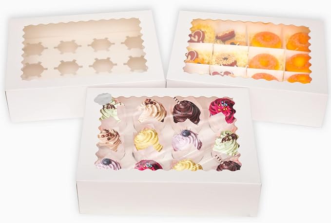 qiqee 12 Cupcake Boxes with Window 16-Packs White Cupcake Box 13"x10"x3.5" Cupcakes Carrier, 12 Cupcake Containers