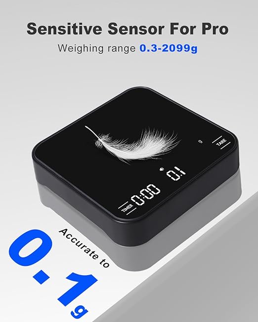 Rechargeable Mini Coffee Scale with Timer, Espresso Scale with Powder to Water Ratio and Water Flow Modes, 2kg/0.1g Digital Scale for Espresso and Pour-Over, Portable Scale with Silicone Pad