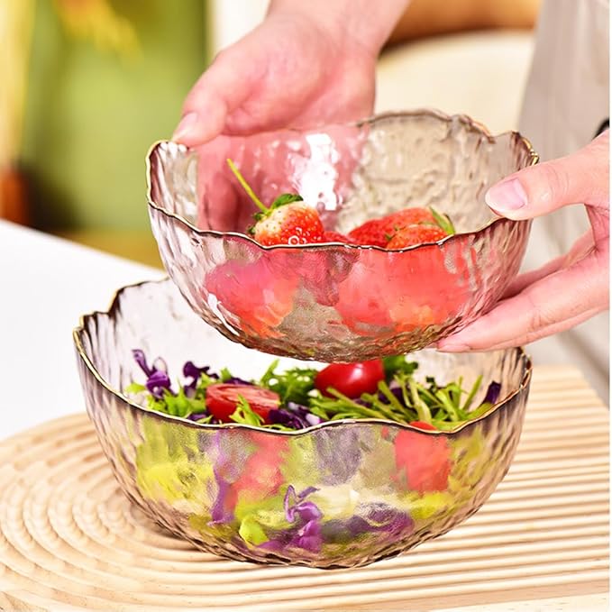 3-Pack Glass Bowls for Kitchen Prep, Nesting Space Saving Set of Bowls, Pink Crystal Bowl Set, Irregular Shape Glass Bowl For Salad,Ice Cream, Cereal,Dessert, Freezer Safe (Light Pink)
