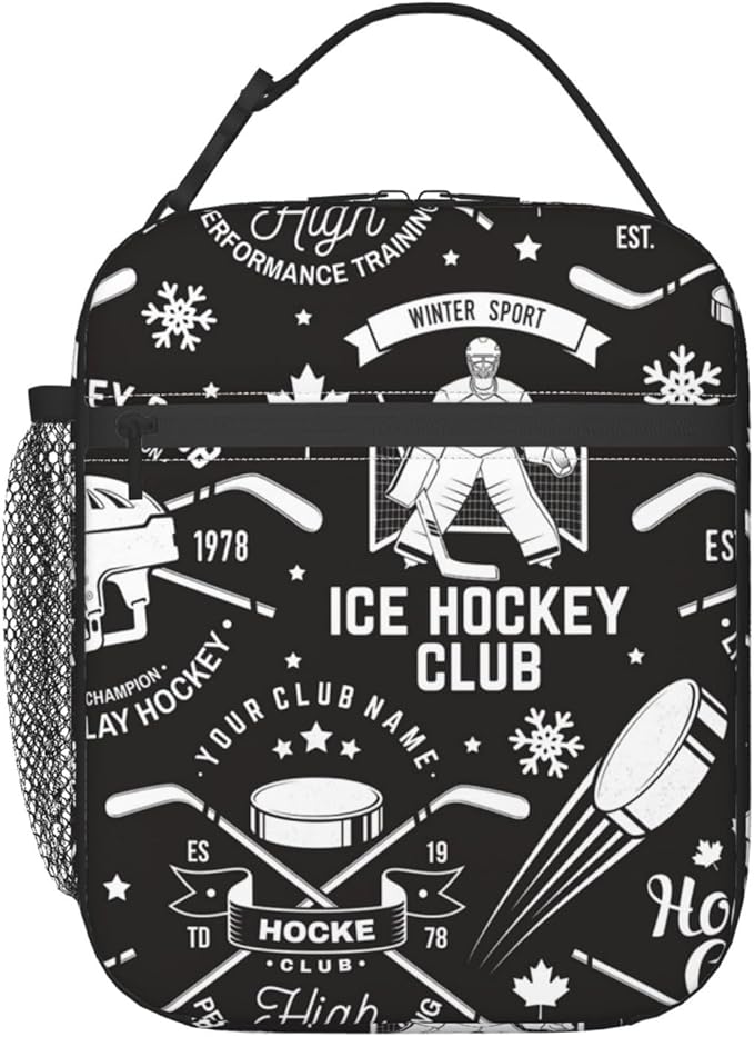 Insulated Lunch Box for Boys Kids Hockey Lunch Box for Work,Picnic,School,Travel,Hiking, Beach or Fishing Polyester Hockey Lunch Bag Ice Hockey Retro Style