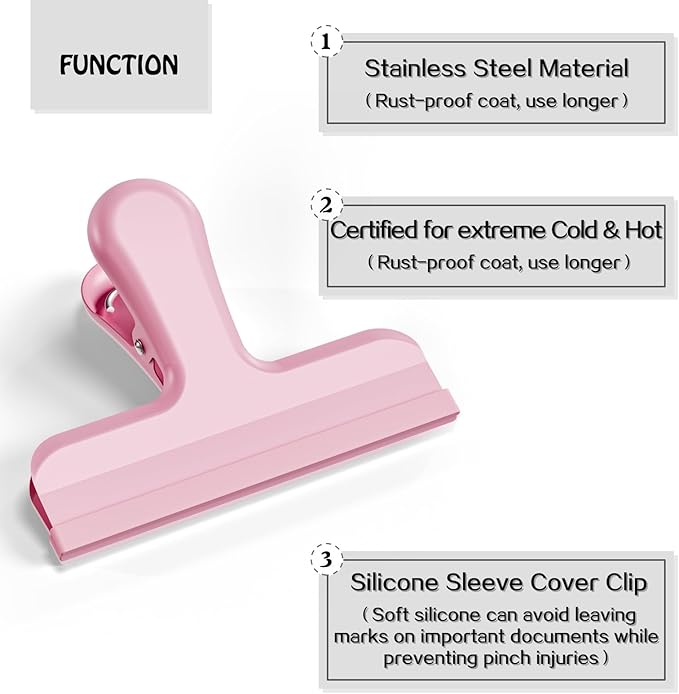 HOUSE AGAIN 12 Pack Stainless Steel Chip Bag Clips Covered with Silicone - NO More Sharp Edges - Color Coded for Food Bags - Air Tight Seal, Heavy Duty for Kitchen and Office, 3 Inches Wide, Pink