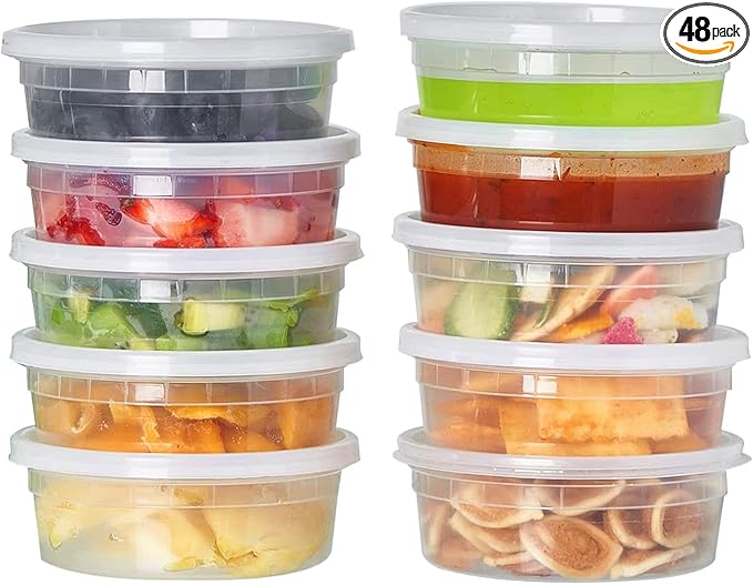 FULING [48pack 8oz Plastic Containers with Lids Deli Disposable Food Storage Takeout Containers Airtight BPA-Free Leakproof Round Bowls for Soup Salad Restaurant Supplies with Clear Lids